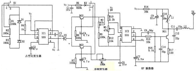 NE555和LM909制作的多功能遙控電路圖